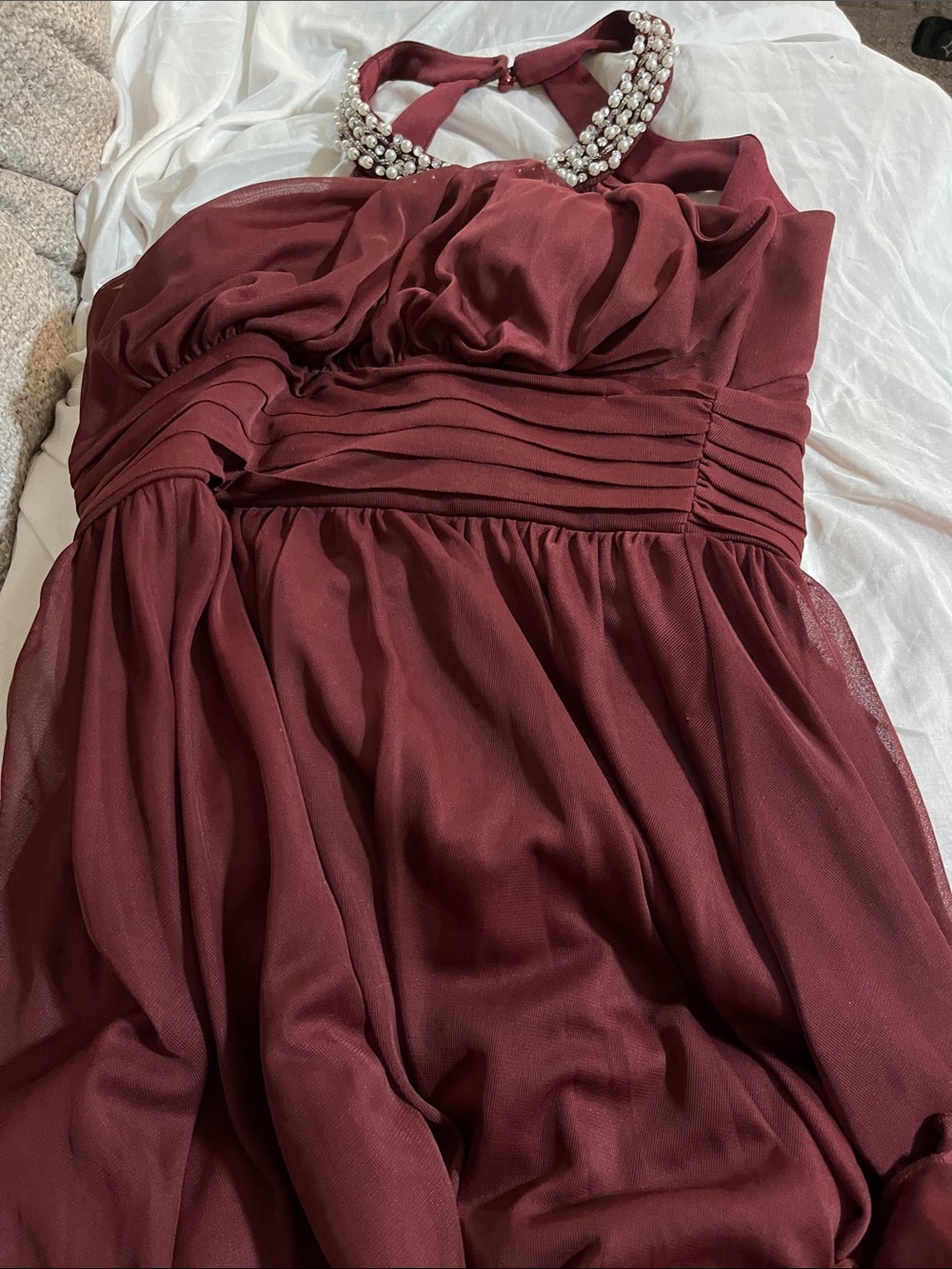 Embellished Halter Mini Dress in Burgundy